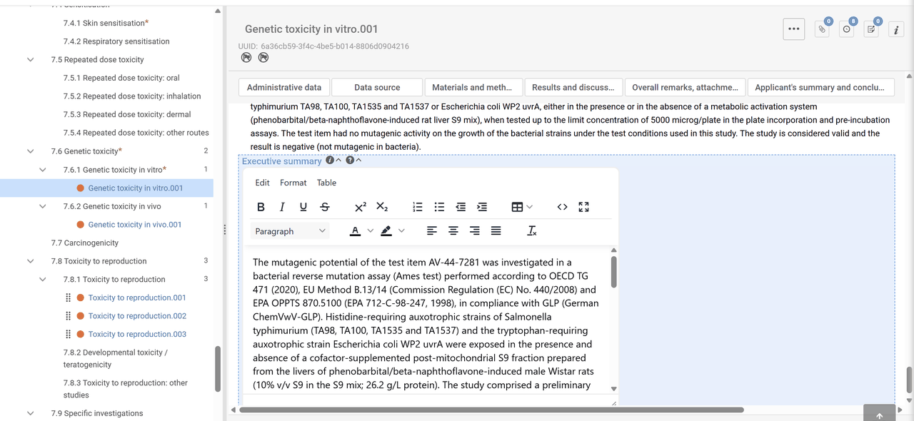 A completed Genetic toxicity in vitro record inside IUCLID, showing the applicant's
                summary and conclusion and an executive summary describing an Ames test performed to
                OECD TG 471 under GLP.