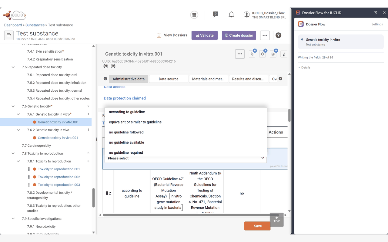 IUCLID open in a browser with a genetic toxicity in vitro record on screen and a
                picklist open. The Dossier Flow side panel sits to the right, naming the endpoint and
                substance and reading Writing the fields: 29 of 96.